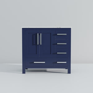 English Elm Navy Solid Wood Bath Vanity 36" W x 22" D Left Offset with Carrara Marble Top, Soft-Close Drawers B2731P258856