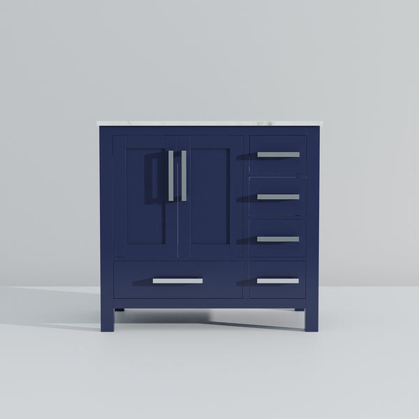 English Elm Navy Solid Wood Bath Vanity 36" W x 22" D Left Offset with Carrara Marble Top, Soft-Close Drawers B2731P258856