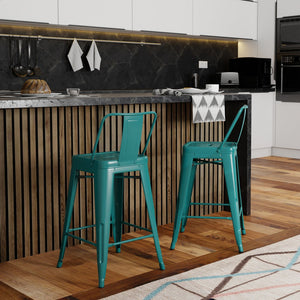 English Elm Keeley 24in Metal and Solid Elm Wood Counter Stools Set of 4 — Curved Backs, Footrests, Durable Finish Teal Blue B2732P253608