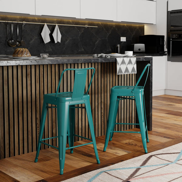 English Elm Keeley 24in Metal and Solid Elm Wood Counter Stools Set of 4 — Curved Backs, Footrests, Durable Finish Teal Blue B2732P253608