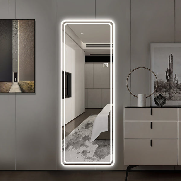 English Elm 65"x24" Full Length LED Floor Mirror with Dimming Touch, 3 Color Temps, Explosion-Proof Glass, Wall Mountable W2709P289326