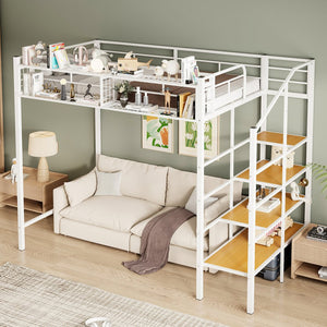 English Elm Twin Metal Loft Bed with Upper Grid Storage Shelf and 4-Layer Ladder Shelves for Space Saving White SF100081AAK