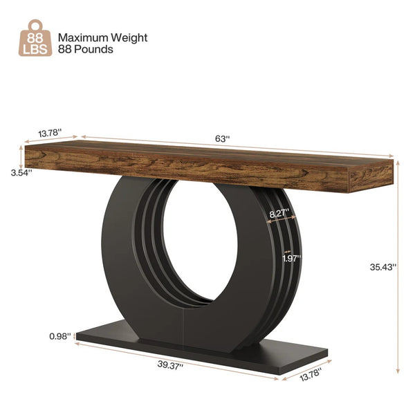 English Elm Practical Geometric Console Table with Matte Black Wood Grain Finish for Entryway or Sofa T3971P458471