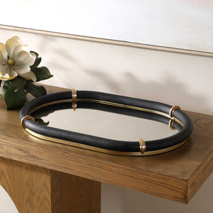 Uttermost Faux Shagreen Oval Tray with Brass Bands and Antiqued Mirror Base