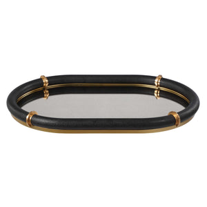 Uttermost Faux Shagreen Oval Tray with Brass Bands and Antiqued Mirror Base
