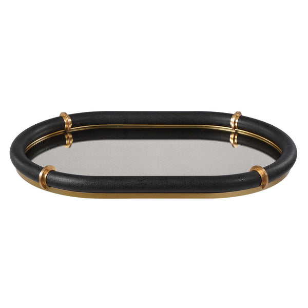 Uttermost Faux Shagreen Oval Tray with Brass Bands and Antiqued Mirror Base
