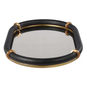 Uttermost Faux Shagreen Oval Tray with Brass Bands and Antiqued Mirror Base