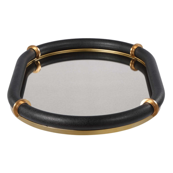 Uttermost Faux Shagreen Oval Tray with Brass Bands and Antiqued Mirror Base