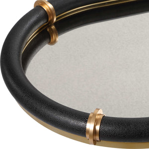 Uttermost Faux Shagreen Oval Tray with Brass Bands and Antiqued Mirror Base