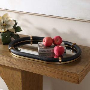 Uttermost Faux Shagreen Oval Tray with Brass Bands and Antiqued Mirror Base