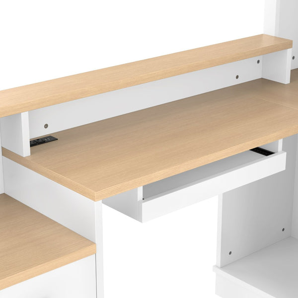 English Elm L-shaped Corner Computer Desk with Built-in Outlets Drawers and Open Shelving Storage W1580S00269