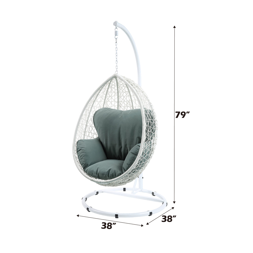English Elm Simona Green Fabric Hanging Chair with White Wicker, Stand & Removable Cushion — All-Weather Cozy Comfort B2726S00410