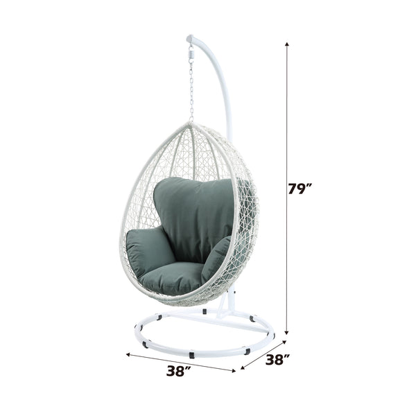 English Elm Simona Green Fabric Hanging Chair with White Wicker, Stand & Removable Cushion — All-Weather Cozy Comfort B2726S00410