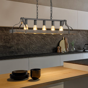 English Elm 34-Inch Vintage Pendant Light with 5 E26 Sockets, Iron Frame, Adjustable Chain for Kitchen Island Black+Gold W1340P251926