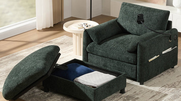 English Elm 37" Oversized Chenille Armchair with Ottoman Usb Charging Pocket Spring Living Room Green N723P387145F