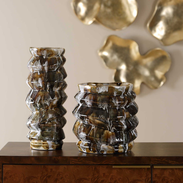 Uttermost Cuoco Handcrafted Glazed Ceramic Vase Set Earthy Marbled Artisan Accent