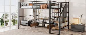 English Elm Full Metal Loft Bed Full Size with Staircase, Built-In Desk & Shelves, Black, Sturdy Space-Saving Setup GX001132AAB