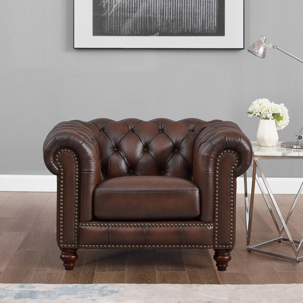 English Elm Alton Chesterfield Top Grain Leather Chair with Button-Tufted Back, Rolled Arms & Solid Wood Bun Feet B2705P211739