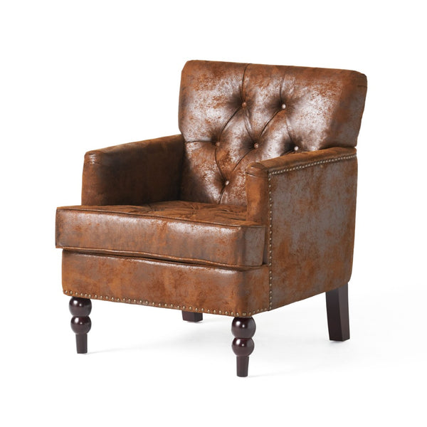 English Elm Brown Microfiber Club Chair with Tufted Back Nailhead Trim and Rubberwood Legs N758P438153B