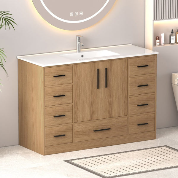 English Elm 48"dark Espresso Bathroom Vanity with 9 Drawers and Soft Close Cabinet Doors Light Oak W3133S00023