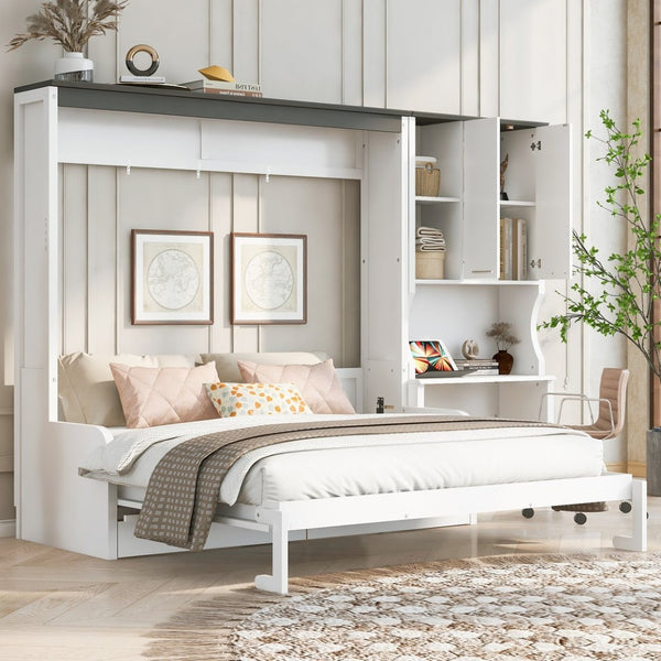 English Elm Multi-functional Queen Murphy Bed with Sofa Desk and Cabinet White Wood Frame N7090000606K-1
