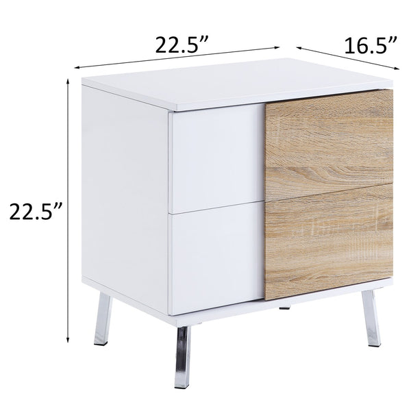 English Elm White White High Gloss and Natural End Table with 2 Drawers, Soft-Close Safety Stops, Modern Chic Storage B062P186486