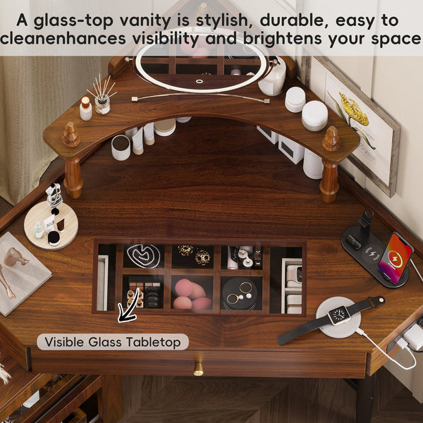 English Elm Corner Vanity Desk Set with Stool Charging Station Glass Top Pull-Out Cabinet Jewelry Organizer Walnut 35.82 L x 32 W x 8 H N733P336237D