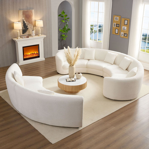 English Elm Mid-Century Bouclé Circle Sectional Sofa — Modular 3-4 Piece High-Back Beige Vintage-Inspired Lounge W3208S00011