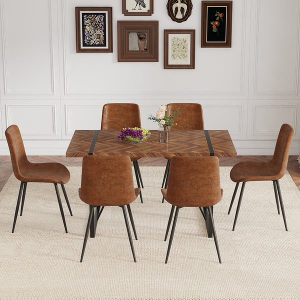 English Elm Table and Chair Set Fishbone Mdf Top with Six Brown Upholstered Seats for Dining W1151S03139