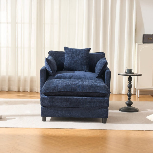 English Elm 39.4" Chenille Club Chair with Ottoman Solid Wood Frame Contemporary Living Room Seat Blue W3244P427715