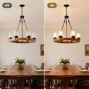 English Elm 23.62 Inch Wagon Wheel Chandelier Wood Metal Frame Seeded Glass Farmhouse Dining W5008P390657