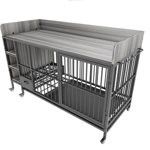 English Elm Large Iron Mdf Pet Enclosure with Storage Cabinet Rolling Casters and Steel Feeding Basins W3064P245385