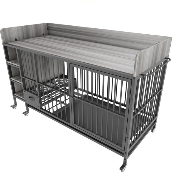 English Elm Large Iron Mdf Pet Enclosure with Storage Cabinet Rolling Casters and Steel Feeding Basins W3064P245385