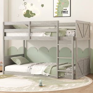 English Elm Twin Twin over Twin Floor Bunk Bed with Rustic Panel Headboards, Solid Rubberwood Frame, Space-Saving Design Antique White W504P263832