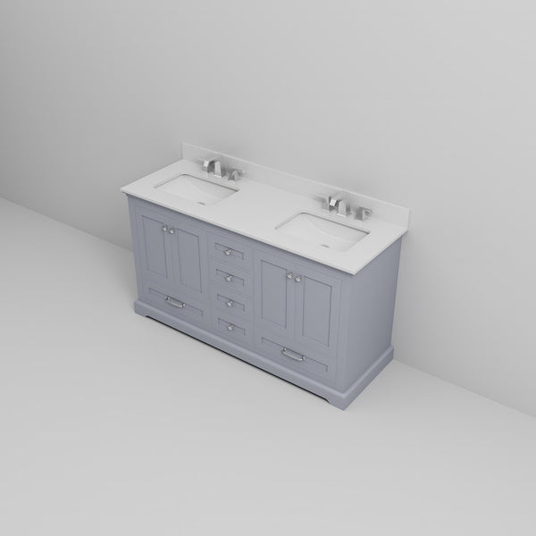 English Elm Dark Grey Double Bath Vanity 60" W x 22" D with White Quartz Top, Soft-Close Drawers & Chrome Faucet Set B2731P258376