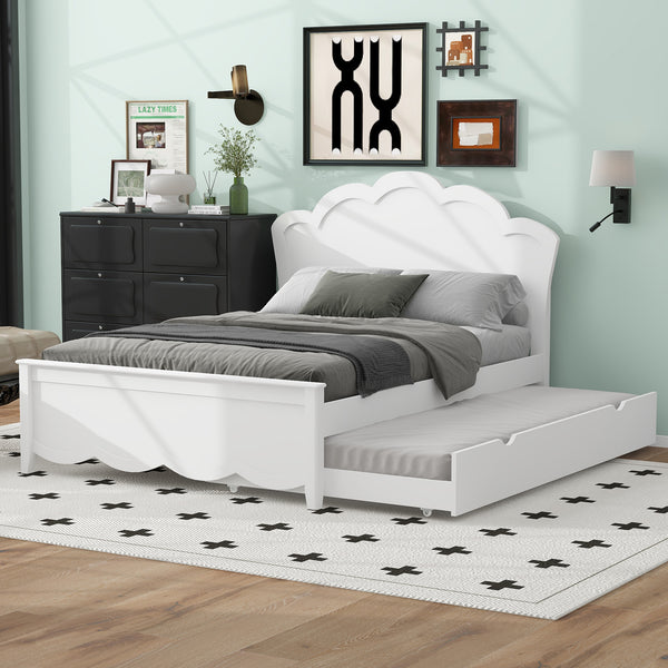 English Elm Full Full Size Wood Platform Bed with Headboard & Twin Trundle, Solid Pine/MDF, White Finish, Durable Design GX000390AAK