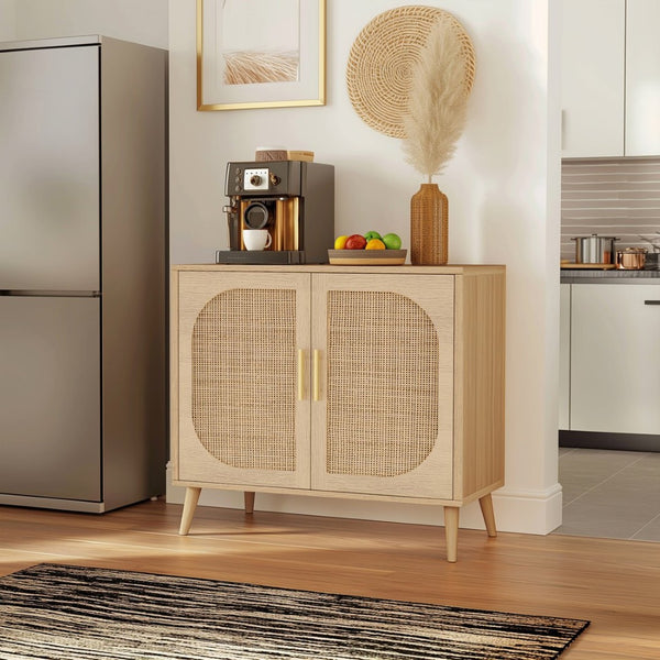English Elm Buffet Cabinet Rattan Door Panels Solid Wood Feet Farmhouse Style Entryway Storage Natural W2386P207789