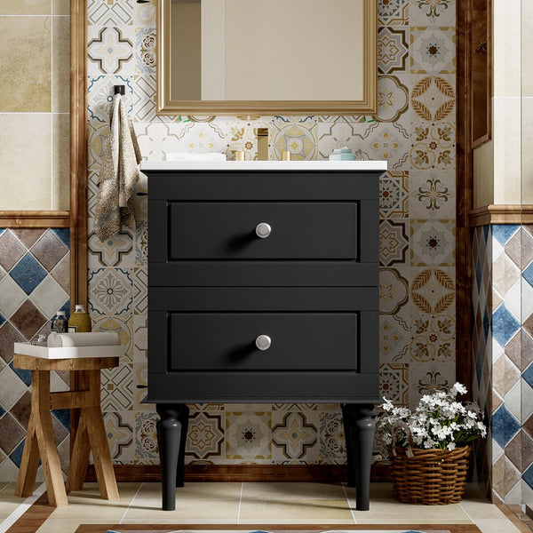English Elm 24'' French-Style Bathroom Vanity with Ceramic Sink, Black Long Legs, 2 Drawers, Moisture-Resistant Elegance N710P195621B