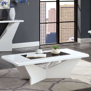 English Elm White glossy end table with geometric base and black tempered glass insert for modern statement decor White 52 L x 32 W x 5 H B2741P362596