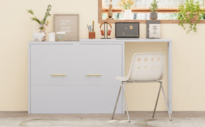 English Elm Twin Size Murphy Cabinet Bed With Adjustable Desk - Space-Saving Gray Chest Dresser For Guests N733P272603E-GIGA