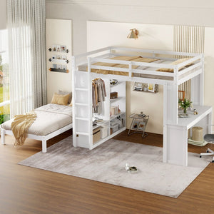English Elm Queen Multifunctional Solid Wood Bunk Bed With Desk, Dismountable Twin Bed, Shelves & Wardrobe W1580S00214-GIGA