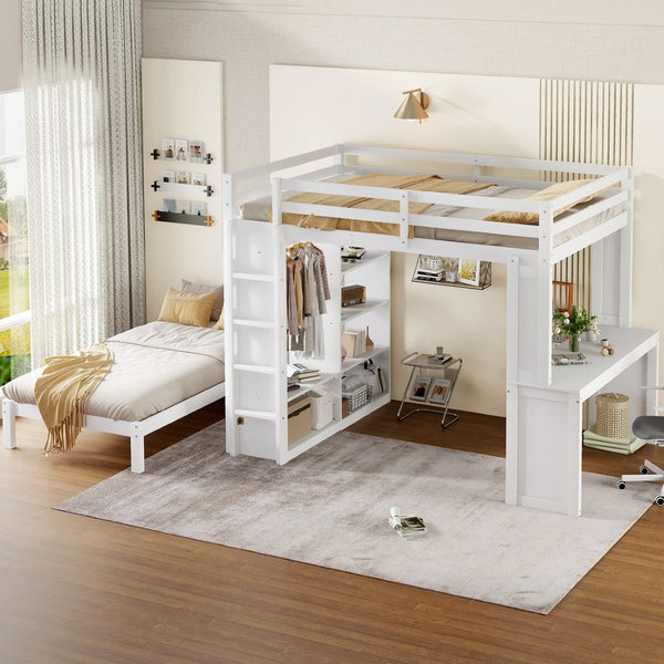 English Elm Queen Multifunctional Solid Wood Bunk Bed With Desk, Dismountable Twin Bed, Shelves & Wardrobe W1580S00214-GIGA