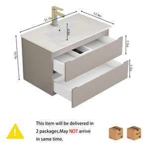 English Elm 32-Inch Wall-Mounted Bathroom Vanity With Soft-Close Drawers, Ceramic Sink & Modern Mocha Gray Finish W3151S00048