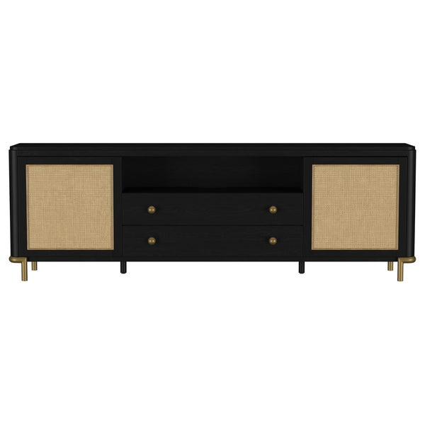 English Elm Benson Wide Rattan Door Media Console with Aged Brass Legs for Modern Living Rooms Black B062P440120