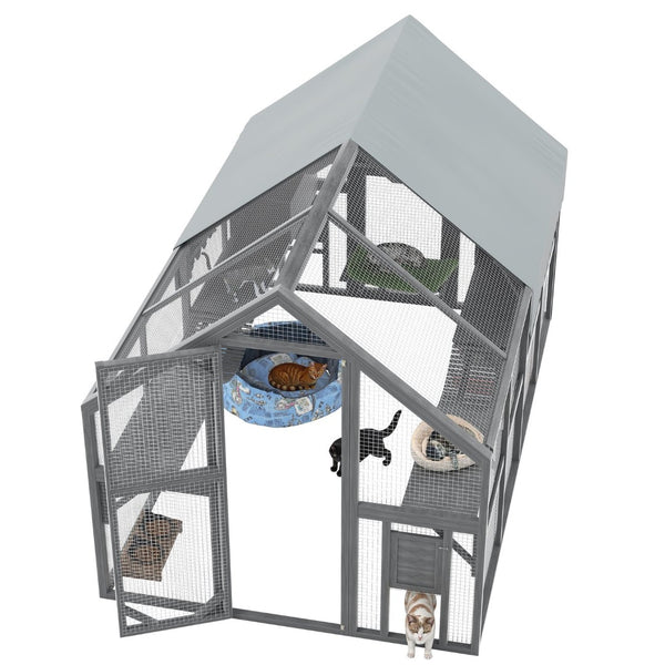 English Elm Cat, Cat Outdoor Wooden Enclosure with Seven Platforms Resting Boxes and Waterproof Canopy W1598S00040