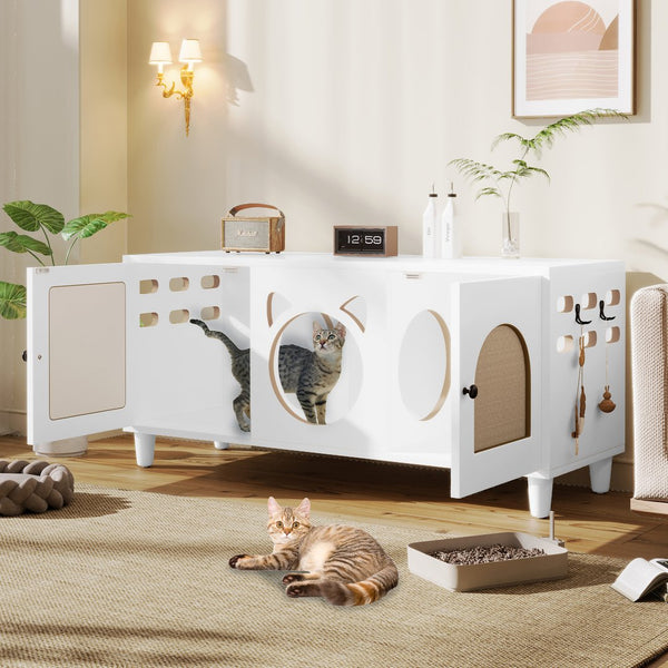 English Elm Modern Wood Cat Cabinet with Sisal Scratcher, Magnetic Litter Box Enclosure with Storage & Hooks, Cream White N843P252373C