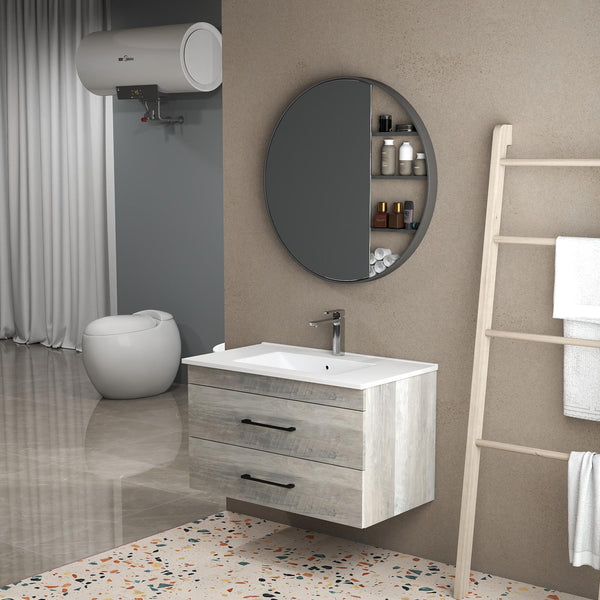 English Elm 32-Inch Grey Wood Grain Wall-Mounted Bathroom Vanity With Soft-Close Drawers & White Sink W3151S00015