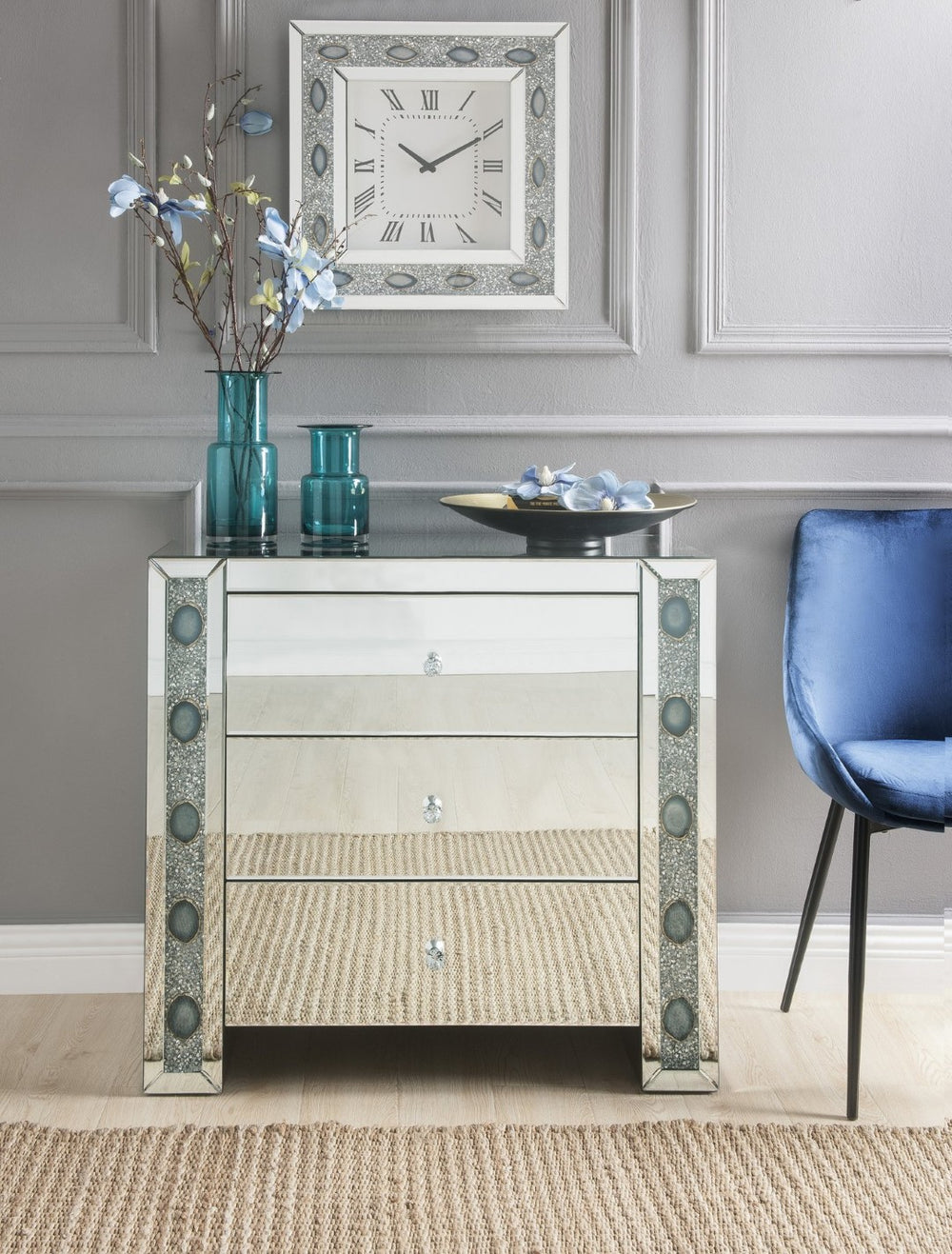 English Elm Sonia Mirrored Console Cabinet with Faux Agate Inlay and Crystal Knob Hardware B2726P446684