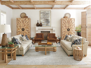 Lexington Tommy Bahama Home Madrid Woven Accent Table - Global Transitional Design With Natural Oak, Woven Abaca, And Travertine Top Newcastle  566-954