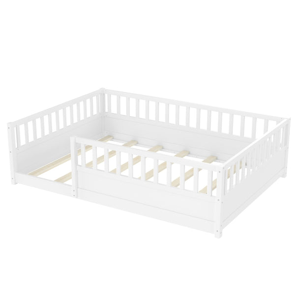 English Elm Twin Montessori Floor Bed Solid Pine Frame with Safety Fence Door for Kids Play Space White W1858P382400